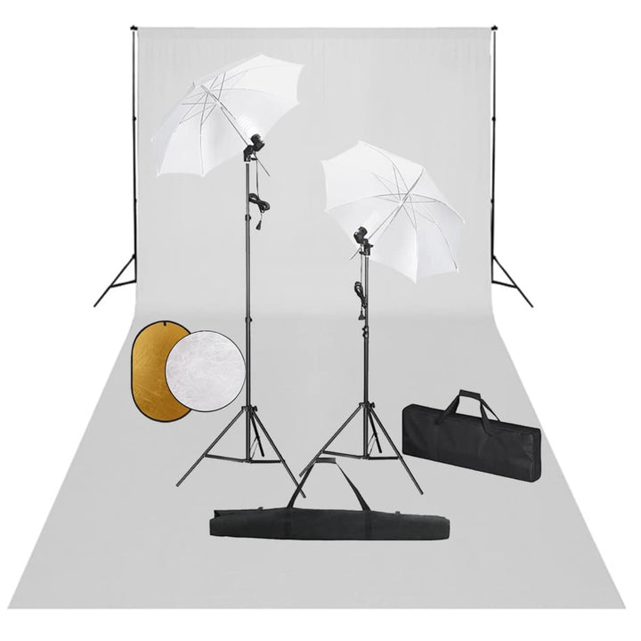 fotostudieudstyr med lamper, paraplyer, baggrund og reflektor