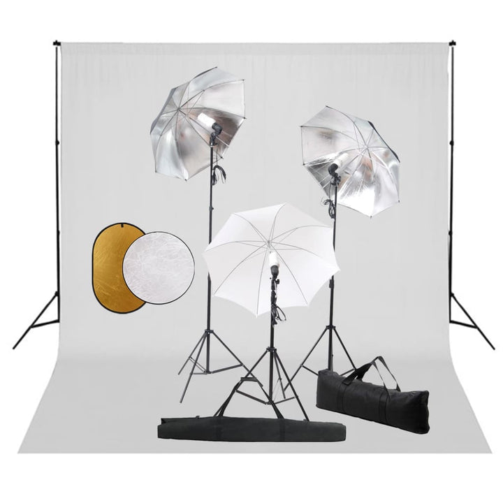 fotostudieudstyr med lamper, paraplyer, baggrund og reflektor