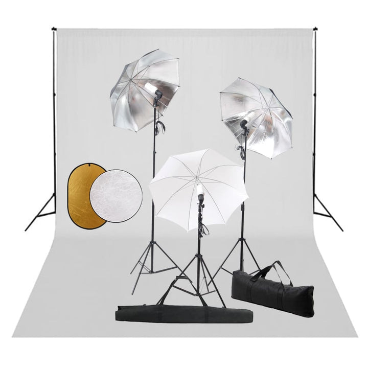 fotostudieudstyr med lamper, paraplyer, baggrund og reflektor