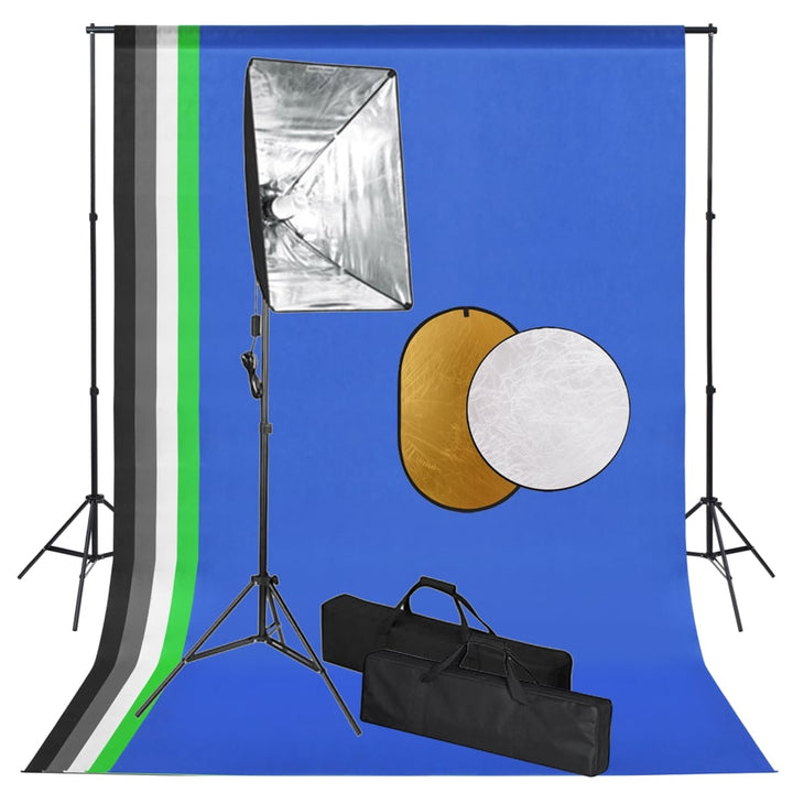 fotostudiesæt med softbox-lamper, baggrund og reflektor