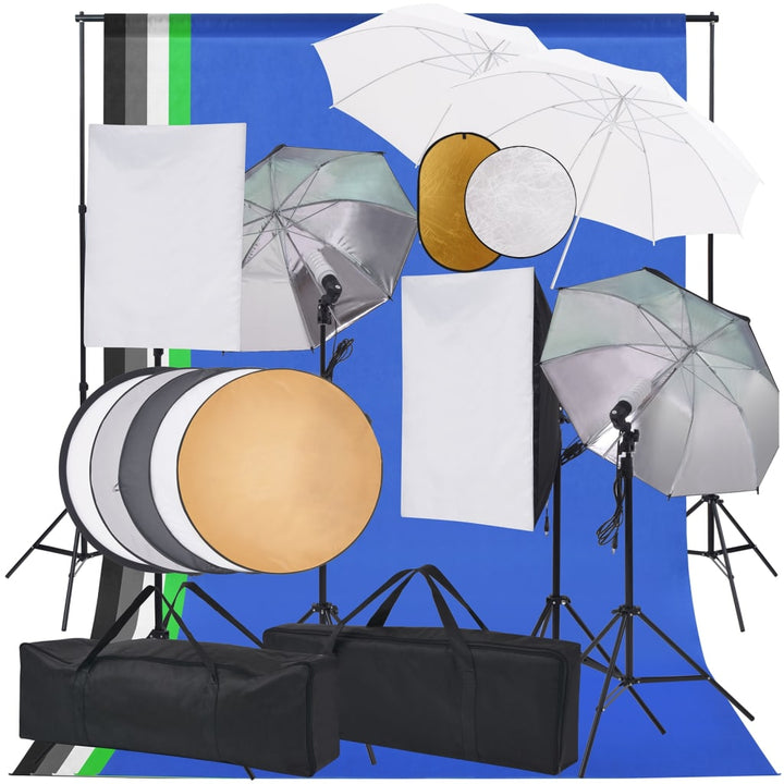 fotostudiesæt m. softbox-lamper, paraplyer, baggrund, reflektor