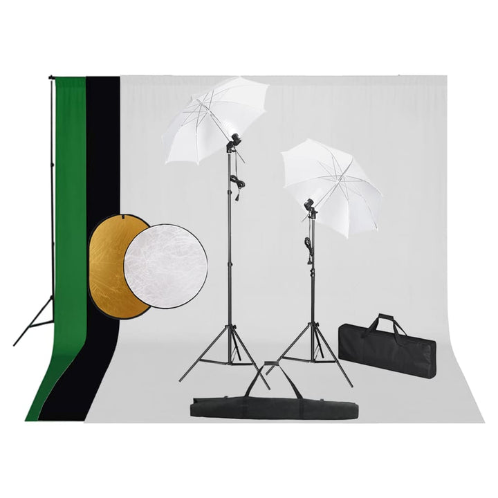 fotostudieudstyr med lamper, paraplyer, baggrund og reflektor