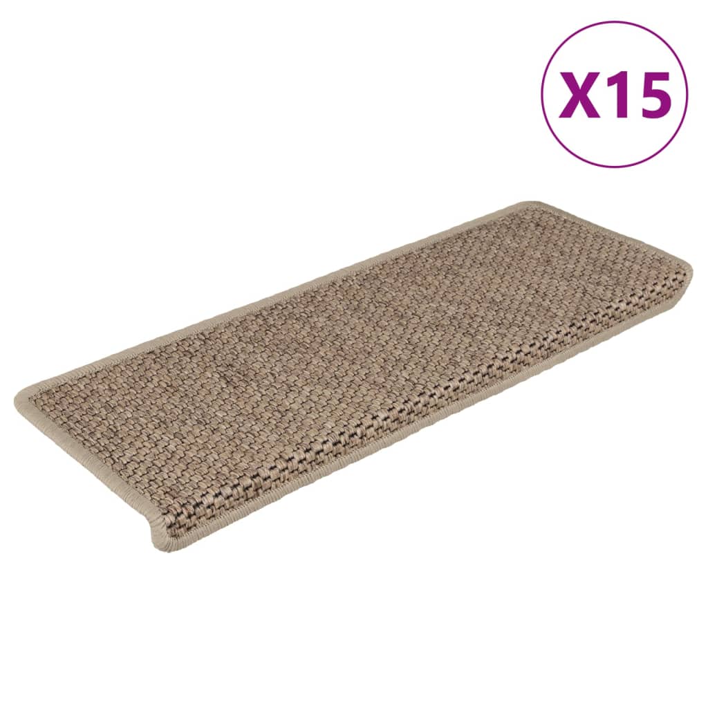 selvklæbende trappemåtter 15stk. 65x21x4cm sisal-look sandfarve