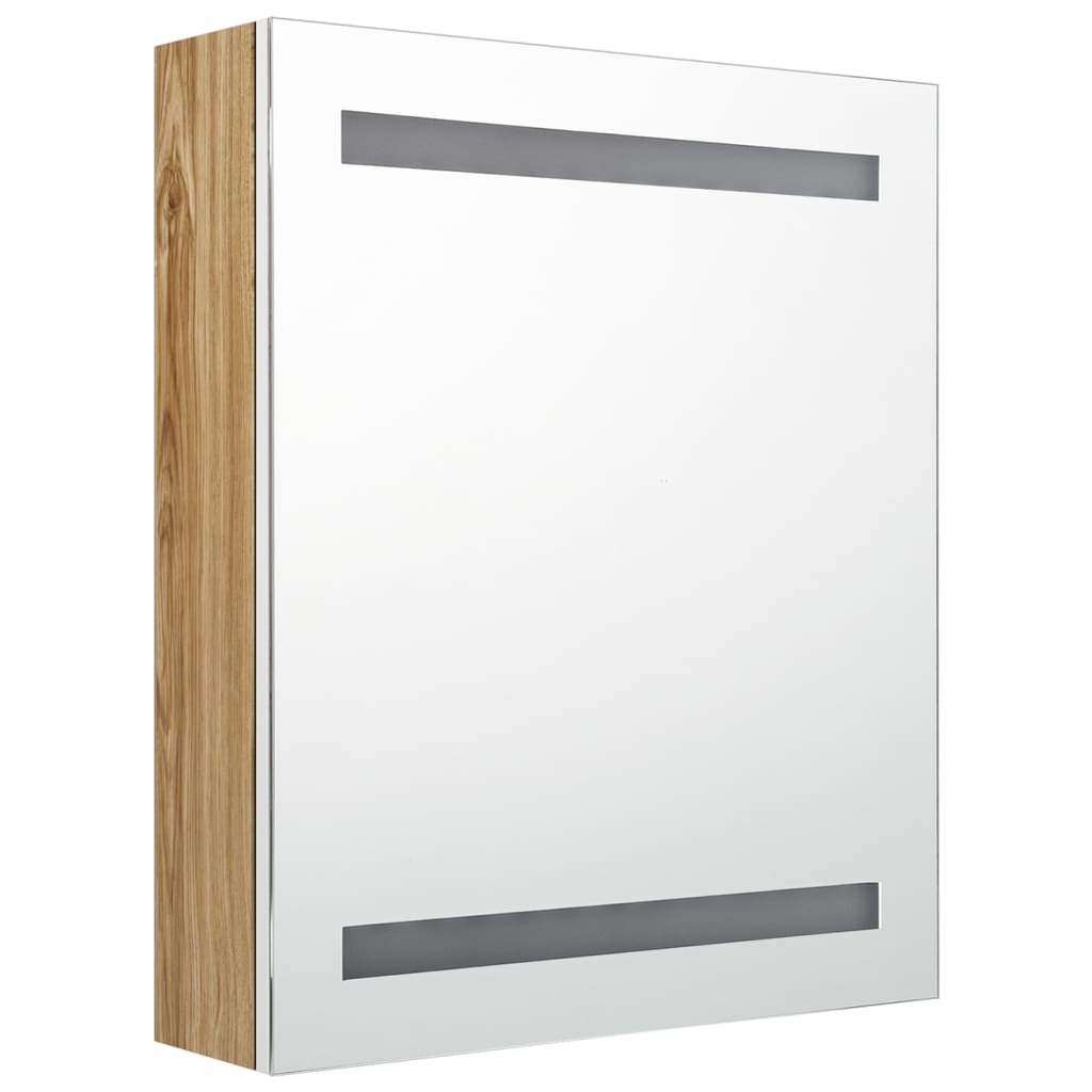 badeværelsesskab med spejl + LED-lys 50x14x60 cm egetræ og hvid