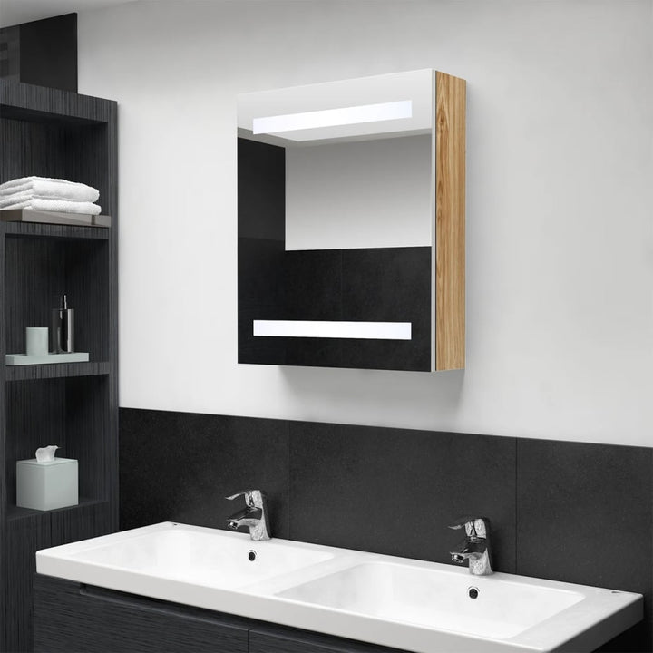 badeværelsesskab med spejl + LED-lys 50x14x60 cm egetræ og hvid