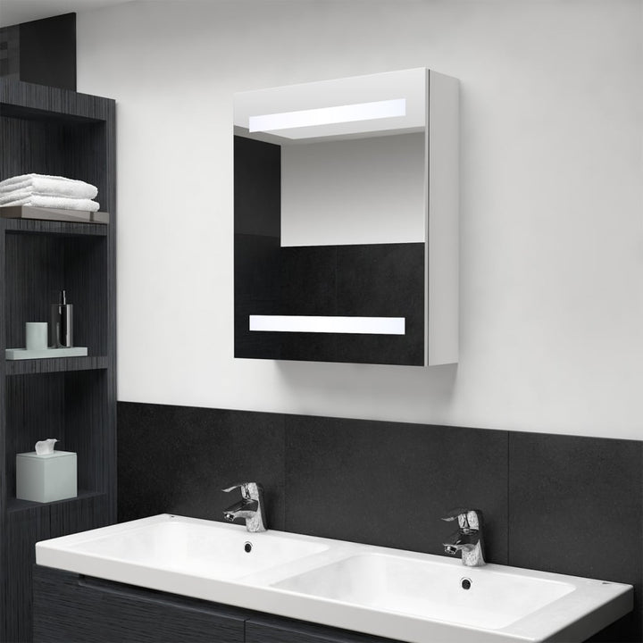 badeværelsesskab med spejl + LED-lys 50x14x60 cm blank hvid