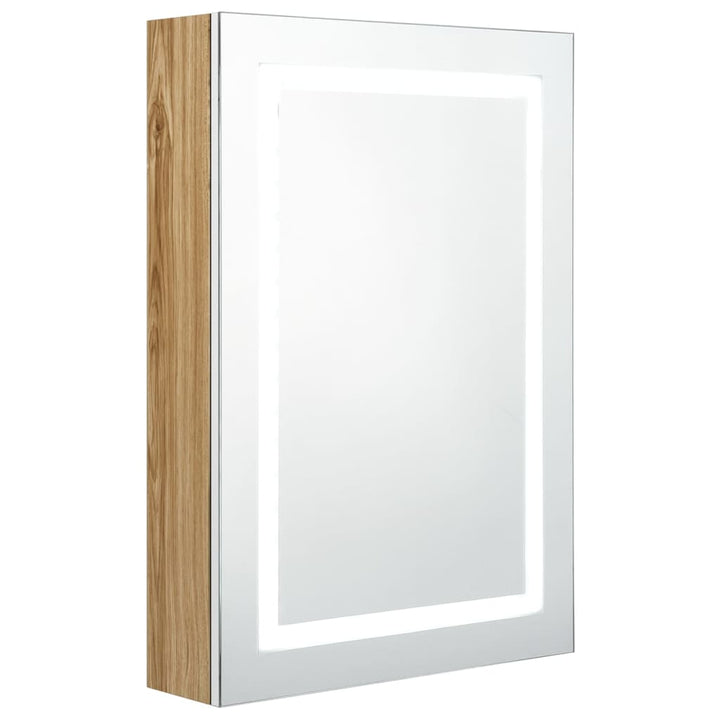badeværelsesskab med spejl + LED-lys 50x13x70 cm hvid og egetræ