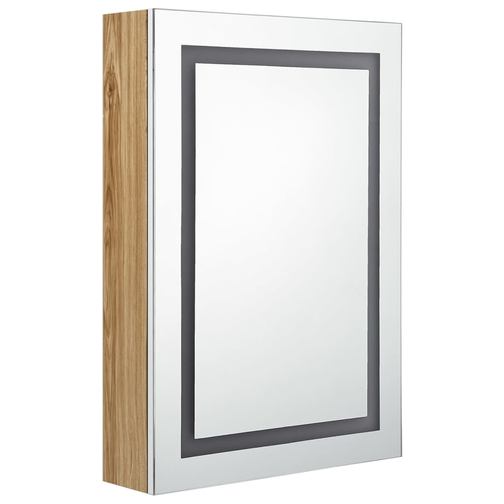 badeværelsesskab med spejl + LED-lys 50x13x70 cm hvid og egetræ