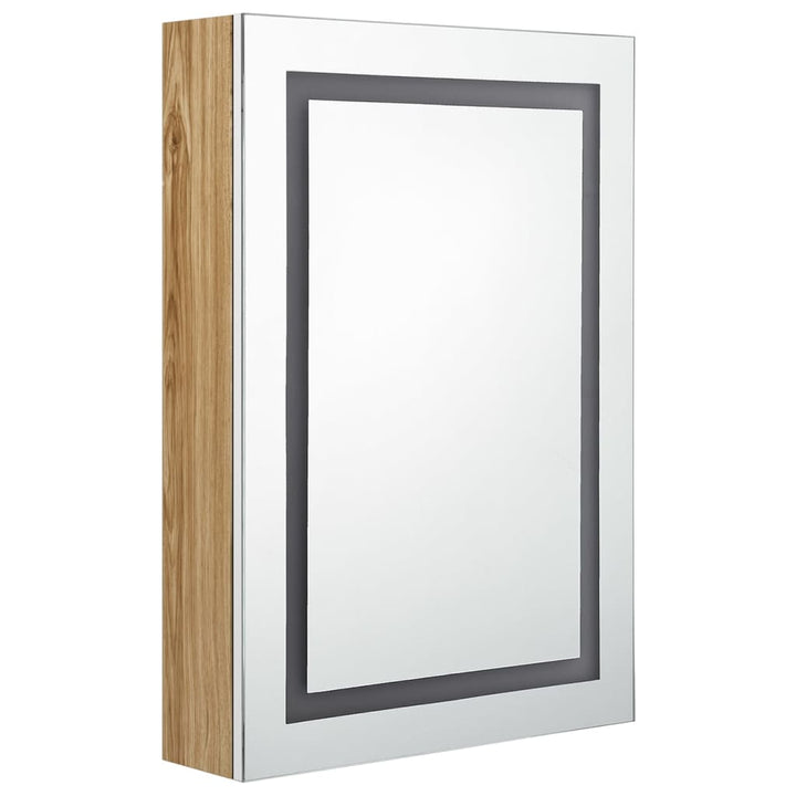 badeværelsesskab med spejl + LED-lys 50x13x70 cm hvid og egetræ