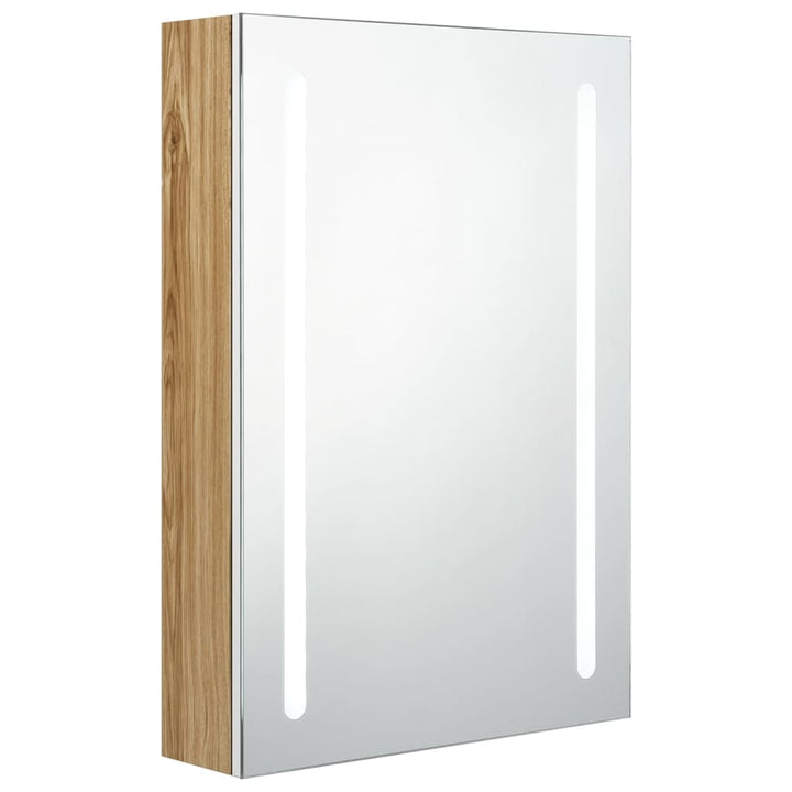badeværelsesskab med spejl + LED-lys 50x13x70 cm hvid og egetræ