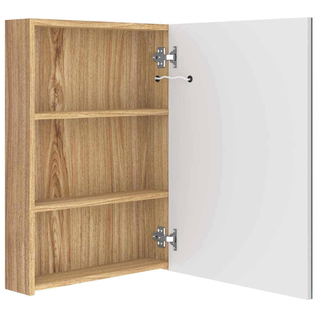 badeværelsesskab med spejl + LED-lys 50x13x70 cm hvid og egetræ