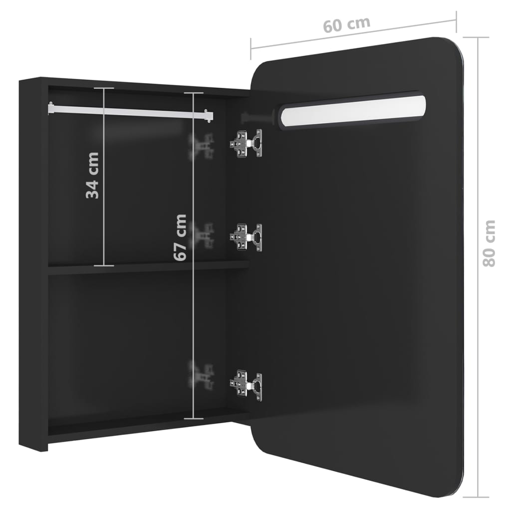 badeværelsesskab med spejl + LED-lys 60x11x80 cm blank sort