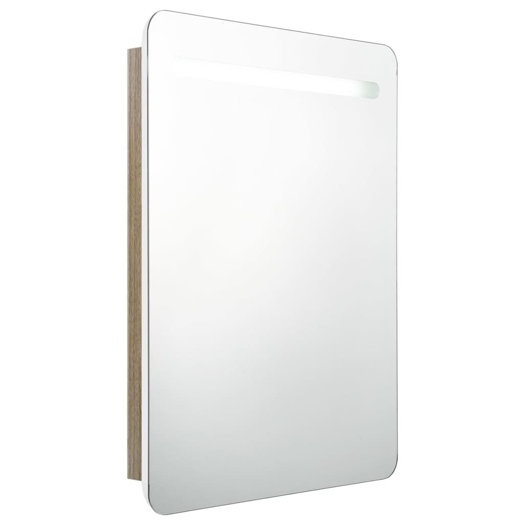 badeværelsesskab med spejl + LED-lys 60x11x80 cm hvid og egetræ