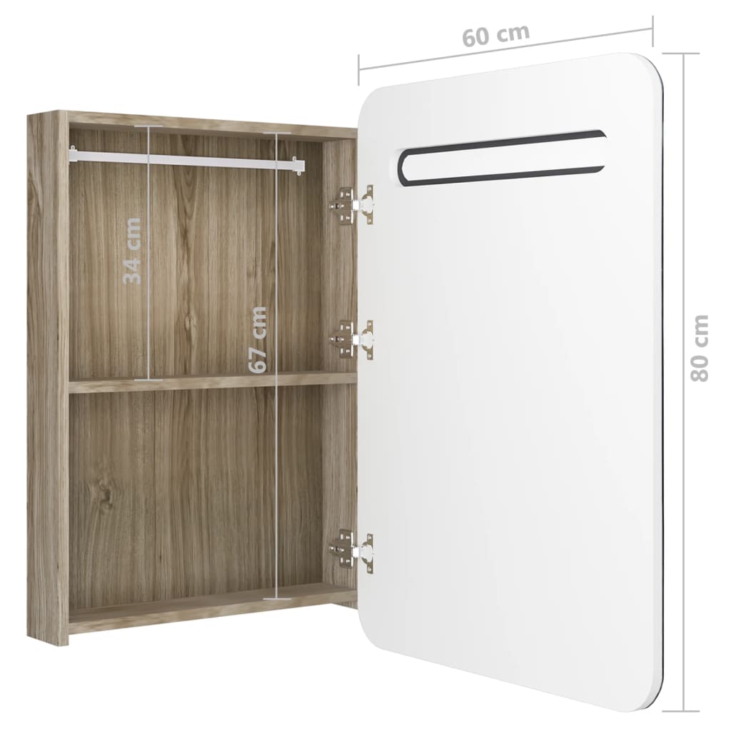 badeværelsesskab med spejl + LED-lys 60x11x80 cm hvid og egetræ