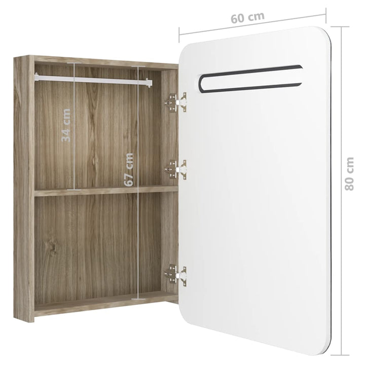 badeværelsesskab med spejl + LED-lys 60x11x80 cm hvid og egetræ