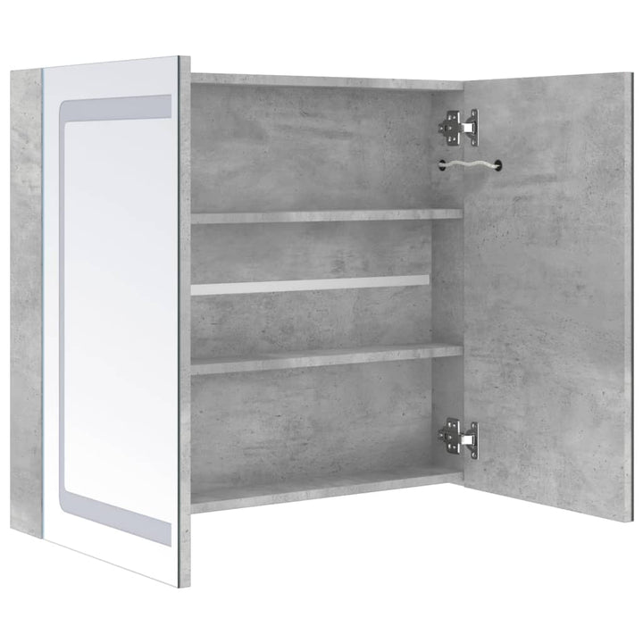 badeværelsesskab med spejl + LED-lys 80x12x68 cm betongrå