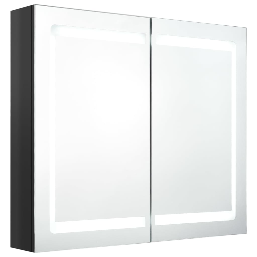badeværelsesskab med spejl + LED-lys 80x12x68 cm skinnende sort