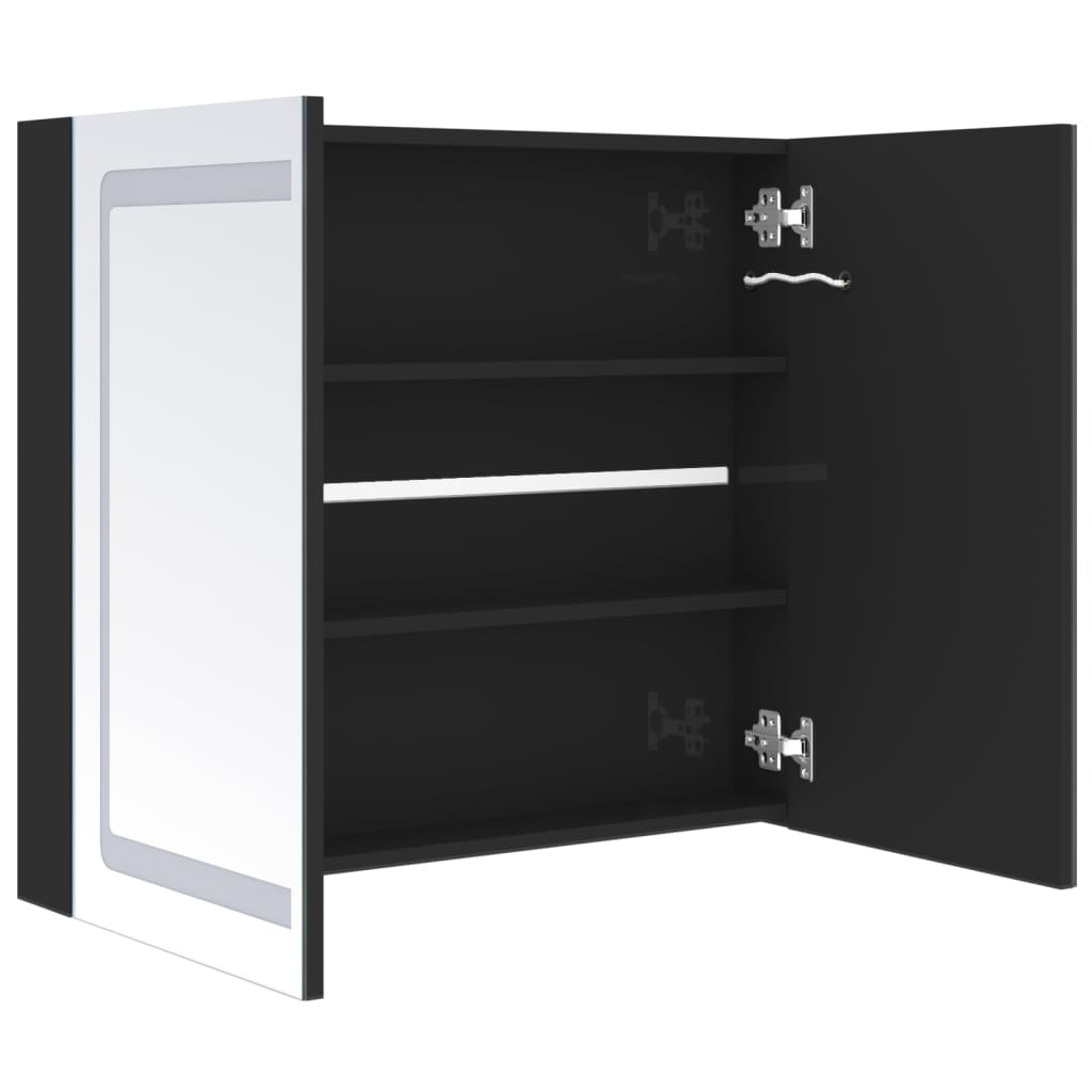 badeværelsesskab med spejl + LED-lys 80x12x68 cm skinnende sort