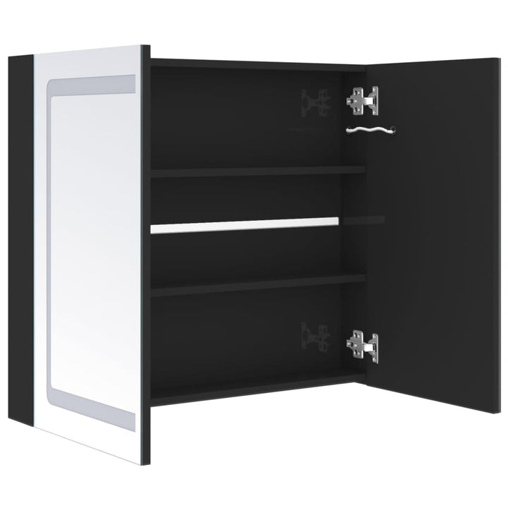 badeværelsesskab med spejl + LED-lys 80x12x68 cm skinnende sort