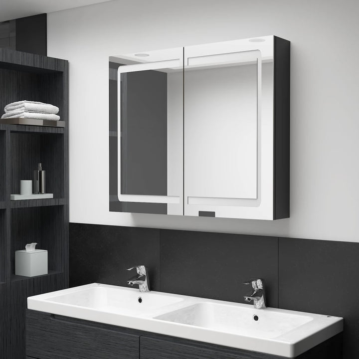 badeværelsesskab med spejl + LED-lys 80x12x68 cm skinnende sort