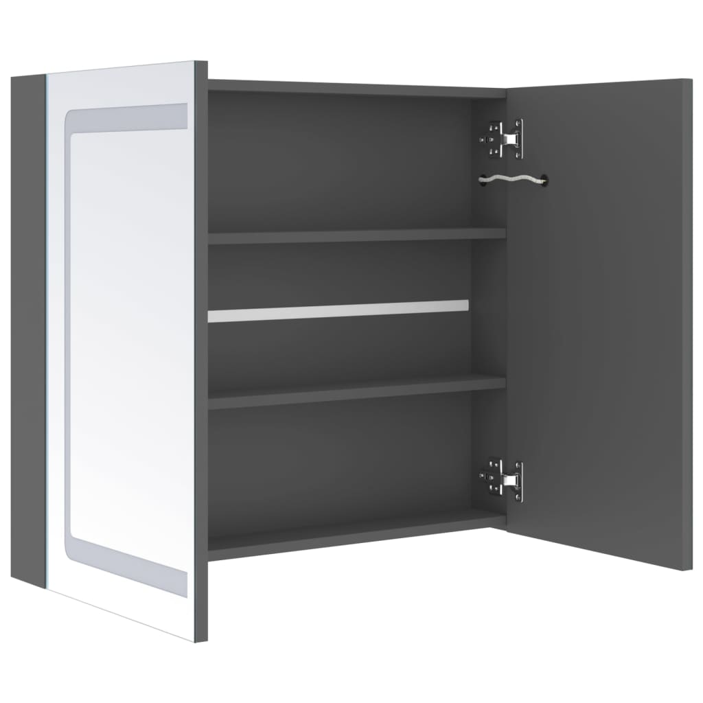 badeværelsesskab med spejl + LED-lys 80x12x68 cm grå