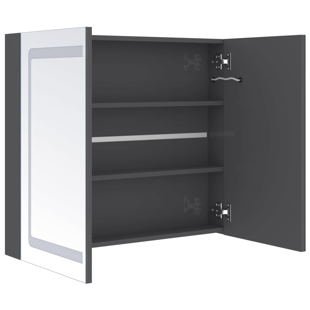 badeværelsesskab med spejl + LED-lys 80x12x68 cm skinnende grå