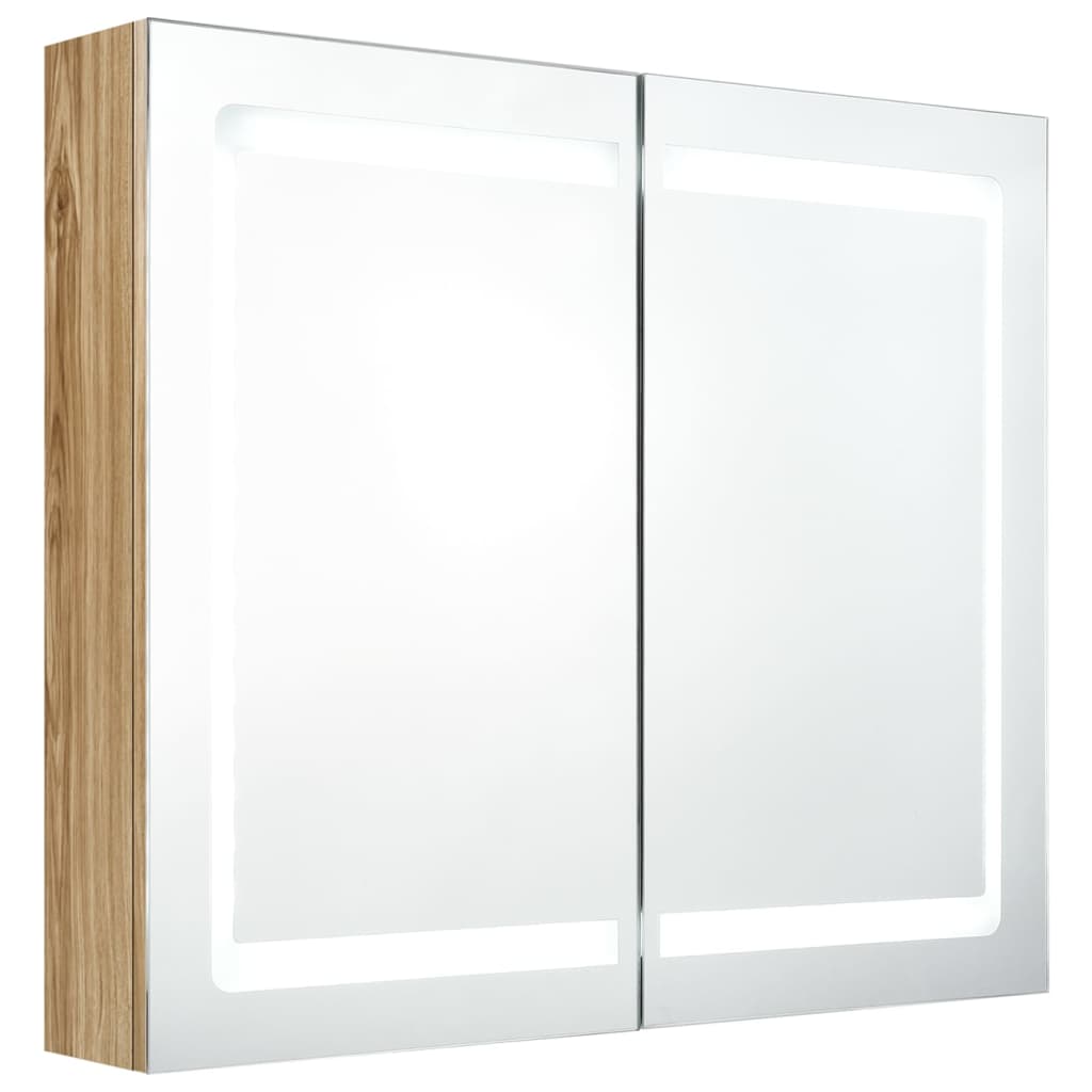badeværelsesskab med spejl + LED-lys 80x12x68 cm egetræsfarvet