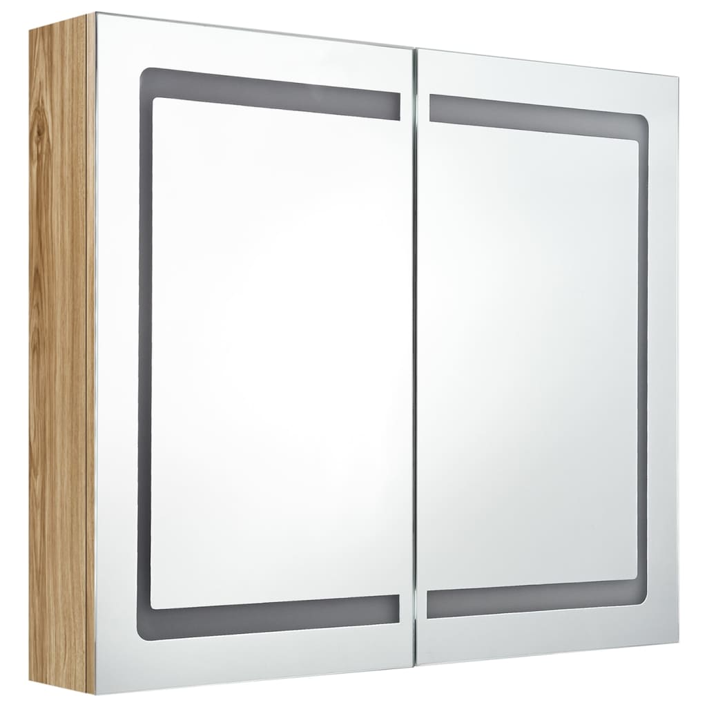 badeværelsesskab med spejl + LED-lys 80x12x68 cm egetræsfarvet
