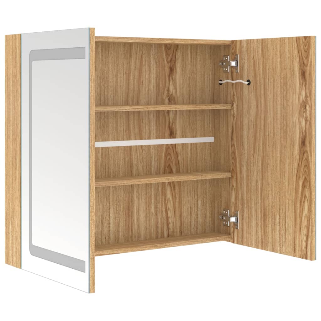 badeværelsesskab med spejl + LED-lys 80x12x68 cm egetræsfarvet
