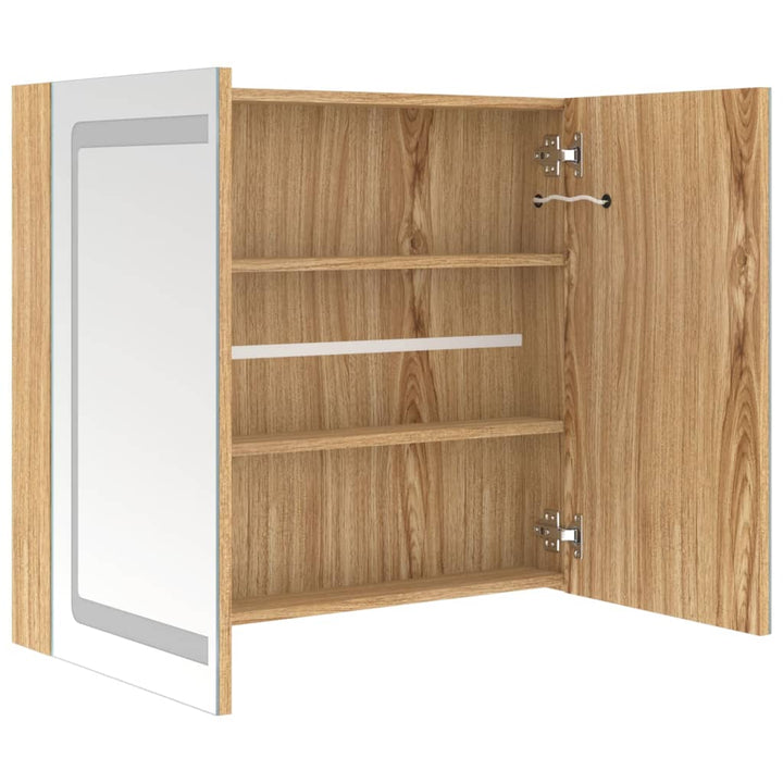 badeværelsesskab med spejl + LED-lys 80x12x68 cm egetræsfarvet