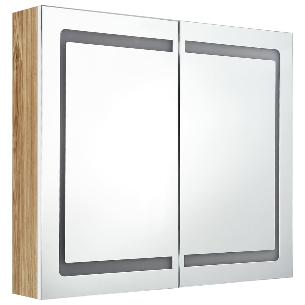badeværelsesskab med spejl + LED-lys 80x12x68 cm egetræ og hvid