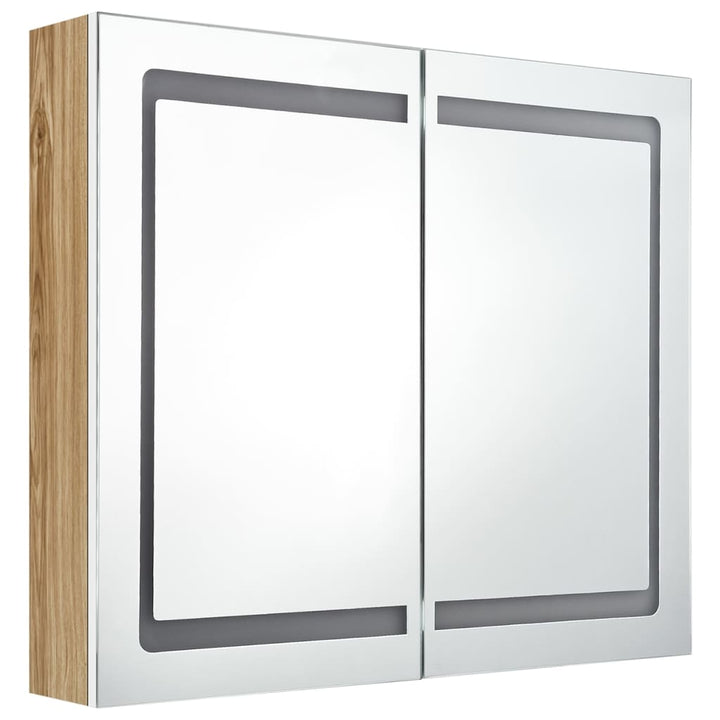 badeværelsesskab med spejl + LED-lys 80x12x68 cm egetræ og hvid