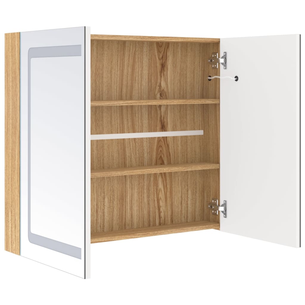 badeværelsesskab med spejl + LED-lys 80x12x68 cm egetræ og hvid