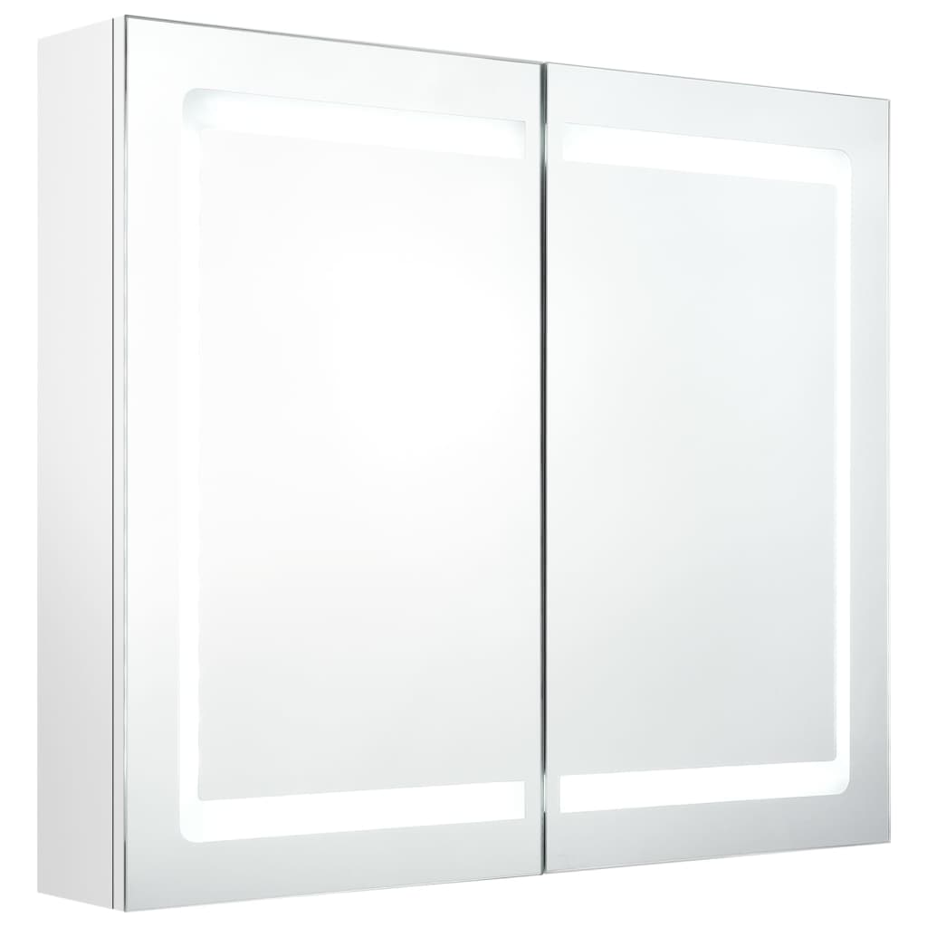 badeværelsesskab med spejl + LED-lys 80x12x68 cm skinnende hvid