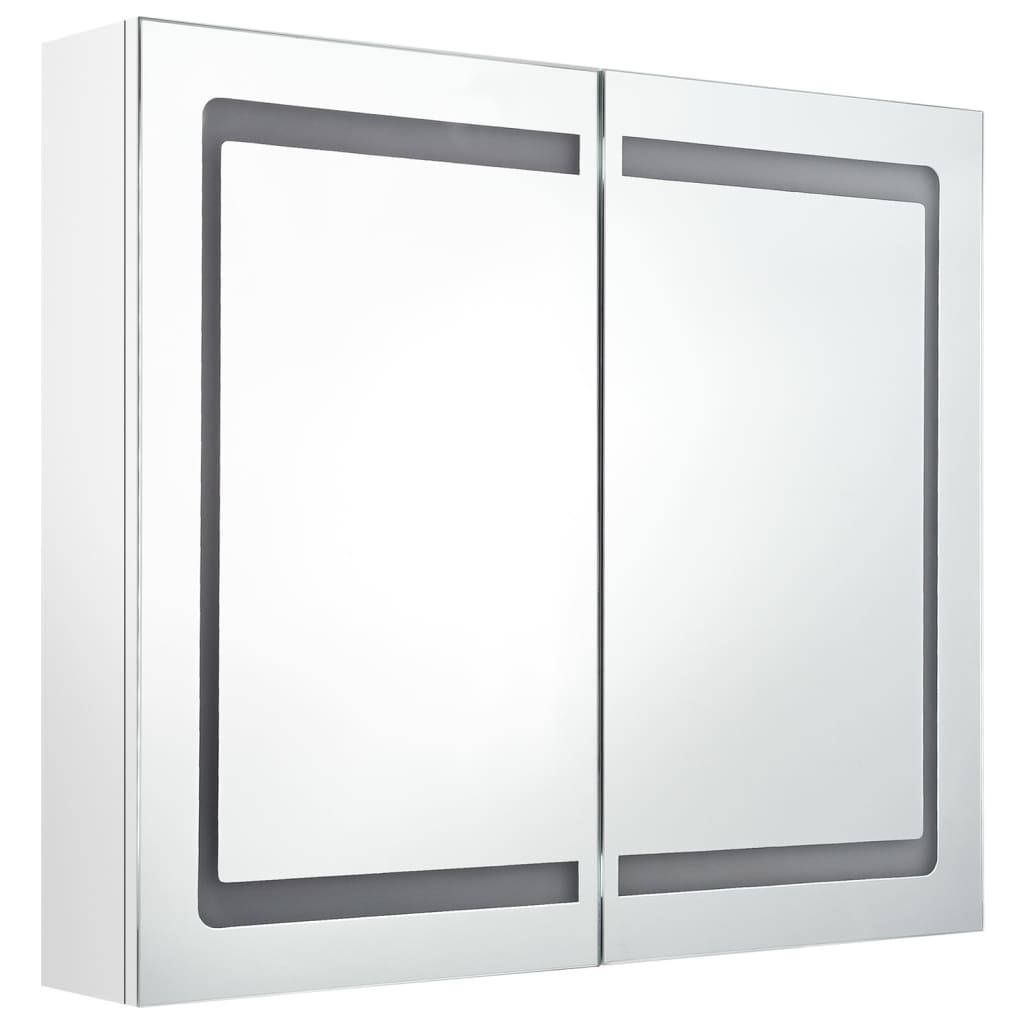 badeværelsesskab med spejl + LED-lys 80x12x68 cm skinnende hvid