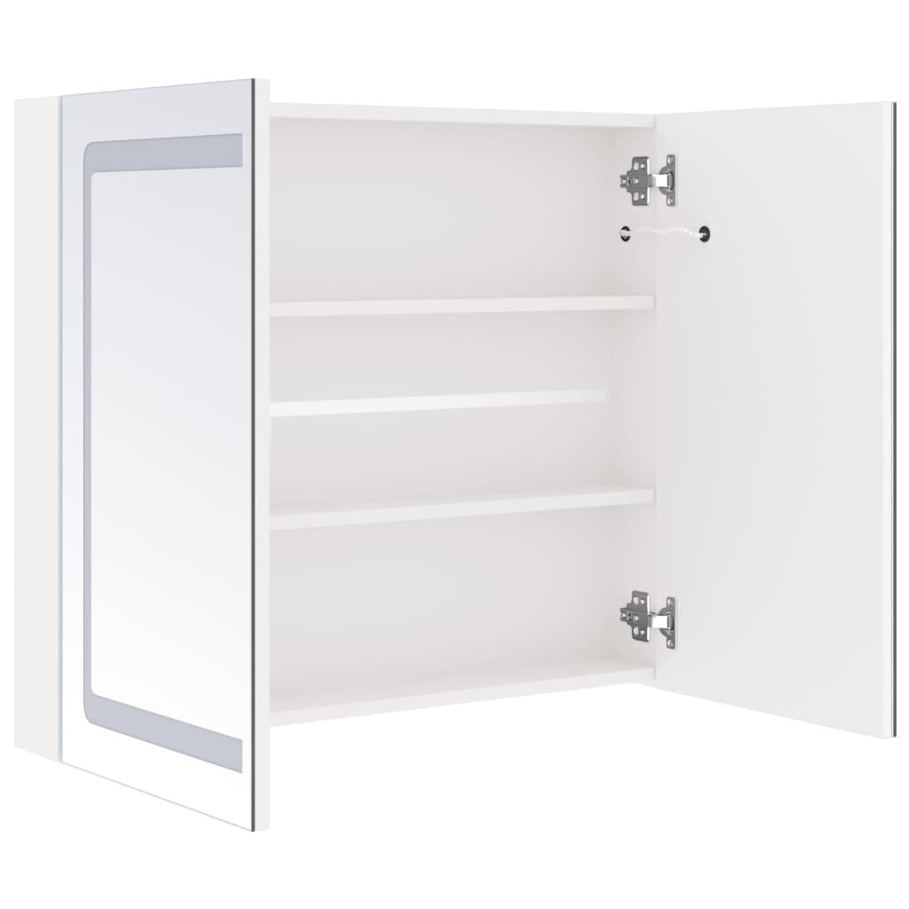badeværelsesskab med spejl + LED-lys 80x12x68 cm skinnende hvid