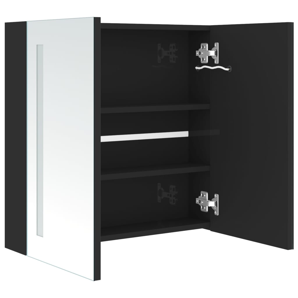 badeværelsesskab med spejl + LED-lys 62x14x60 cm skinnende sort