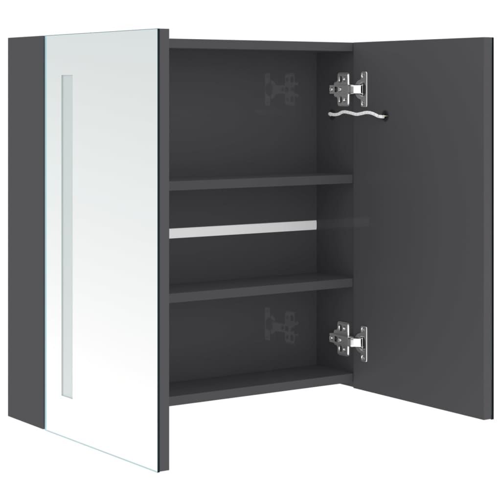 badeværelsesskab med spejl + LED-lys 62x14x60 cm skinnende grå