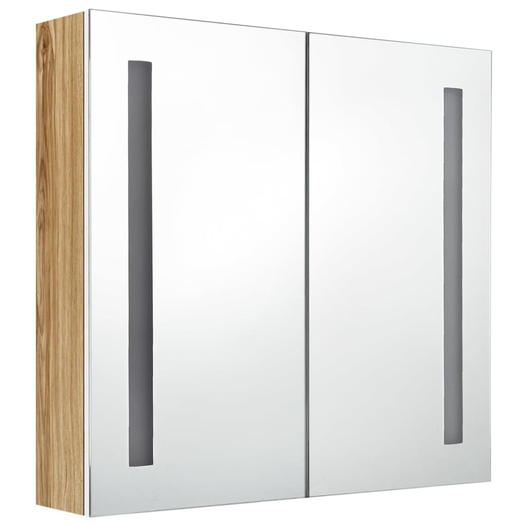 badeværelsesskab med spejl + LED-lys 62x14x60 cm hvid og egetræ