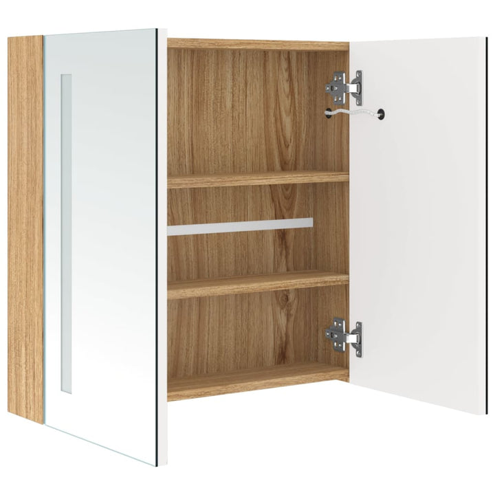 badeværelsesskab med spejl + LED-lys 62x14x60 cm hvid og egetræ