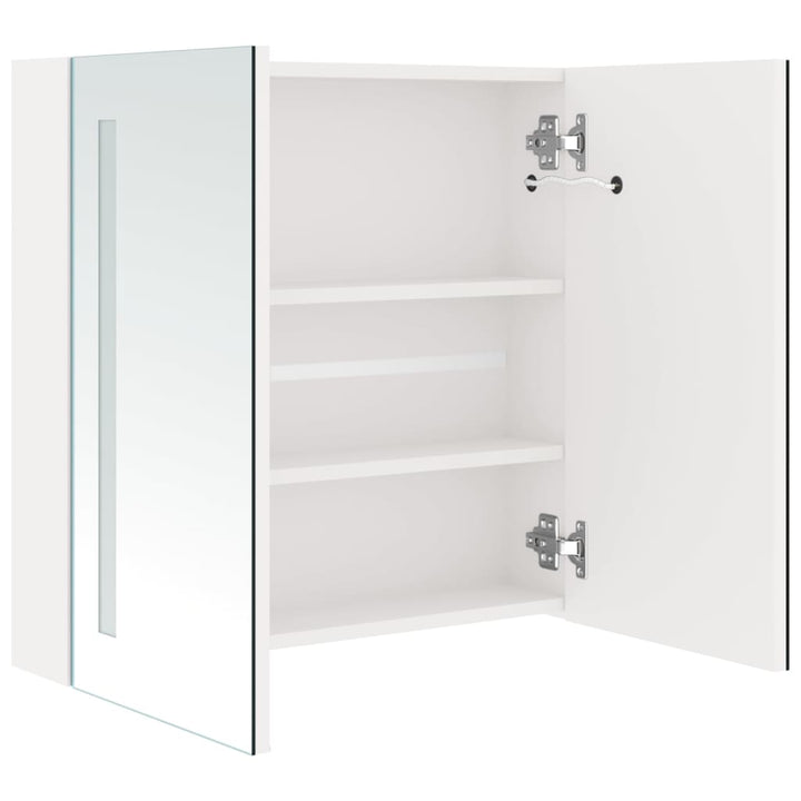 badeværelsesskab med spejl + LED-lys 62x14x60 cm skinnende hvid