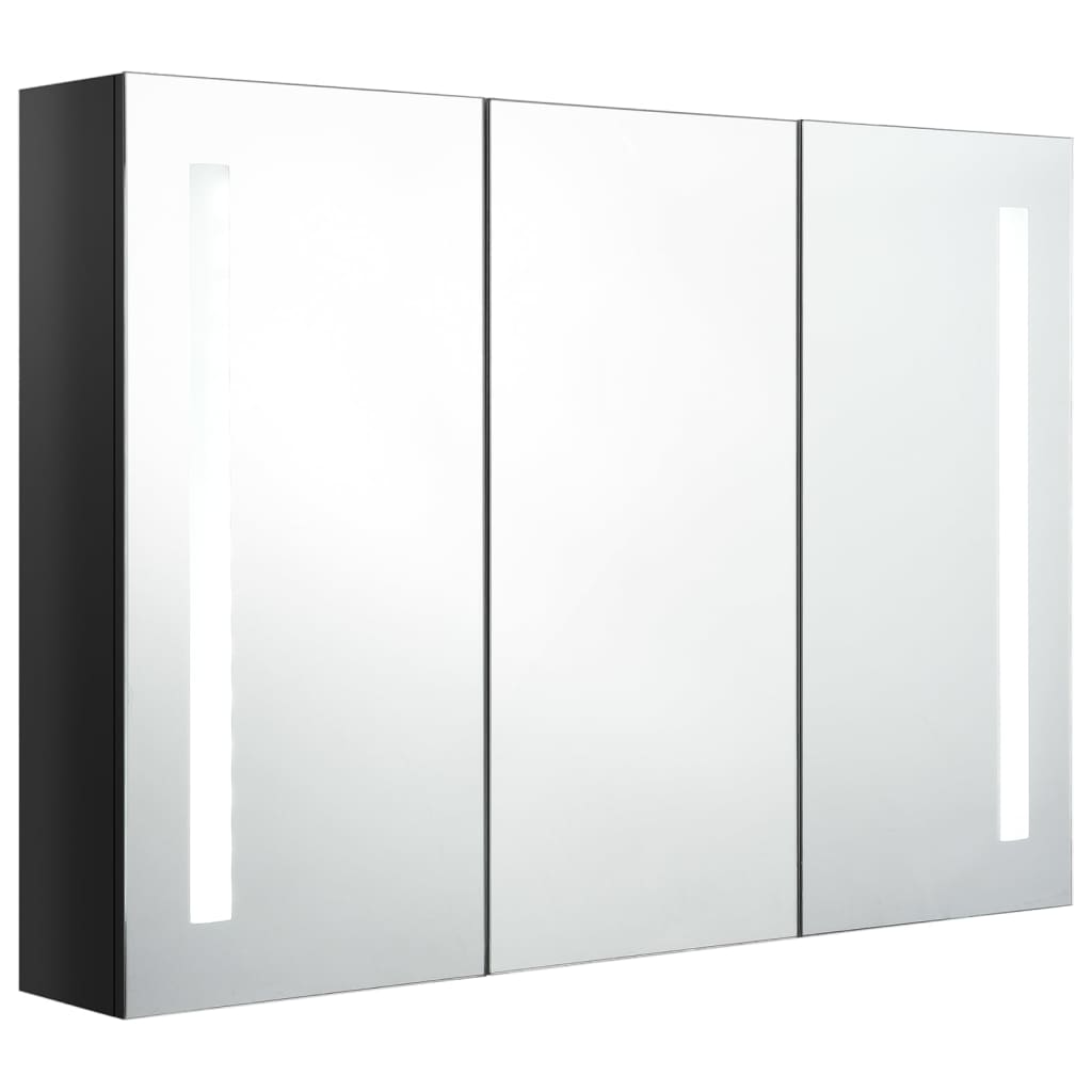 badeværelsesskab med spejl + LED-lys 89x14x62 cm skinnende sort