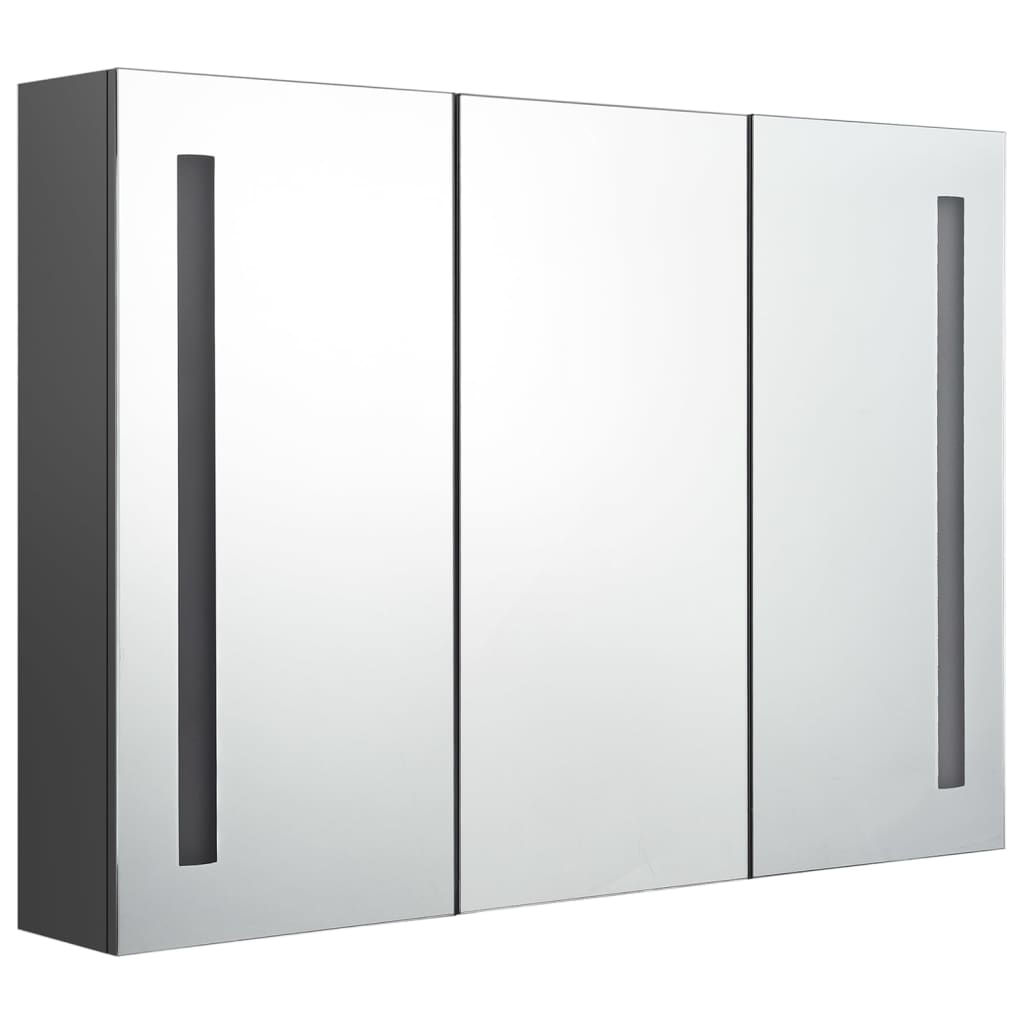 badeværelsesskab med spejl + LED-lys 89x14x62 cm grå