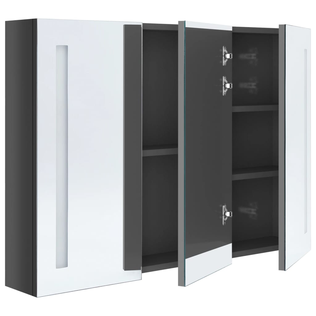 badeværelsesskab med spejl + LED-lys 89x14x62 cm skinnende grå