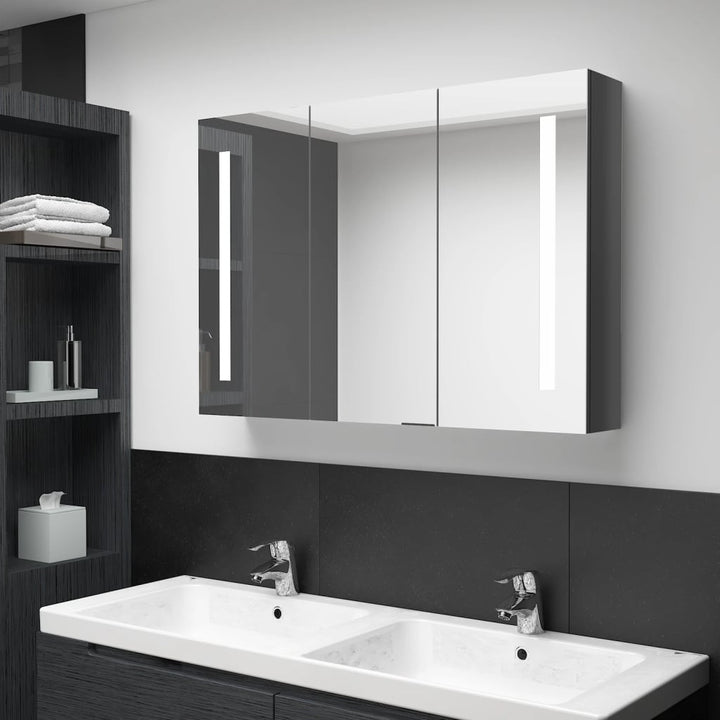 badeværelsesskab med spejl + LED-lys 89x14x62 cm skinnende grå