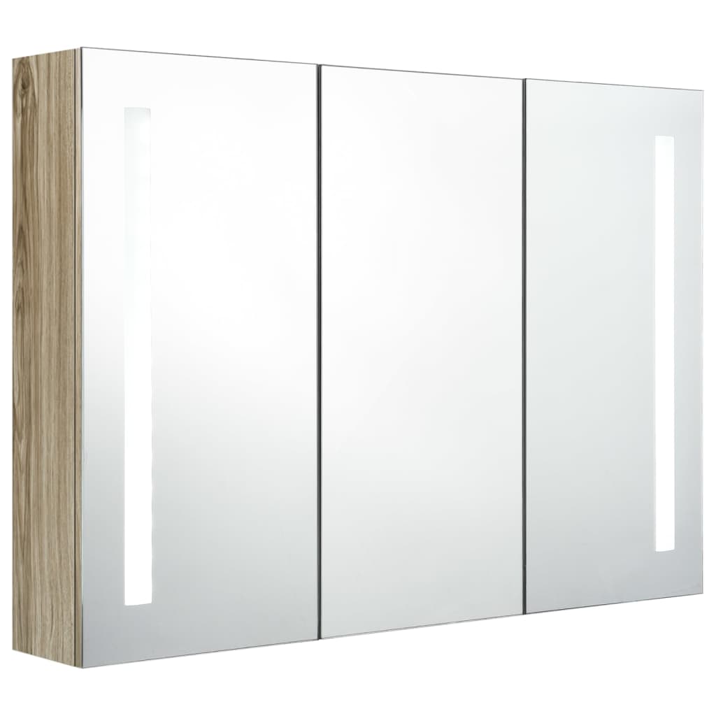 badeværelsesskab med spejl + LED-lys 89x14x62 cm egetræsfarvet