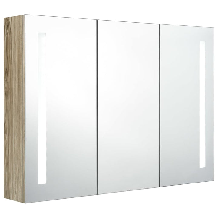 badeværelsesskab med spejl + LED-lys 89x14x62 cm egetræsfarvet