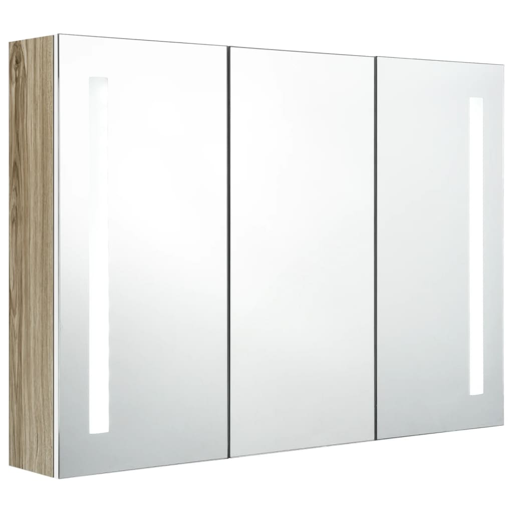 badeværelsesskab med spejl + LED-lys 89x14x62 cm hvid og egetræ