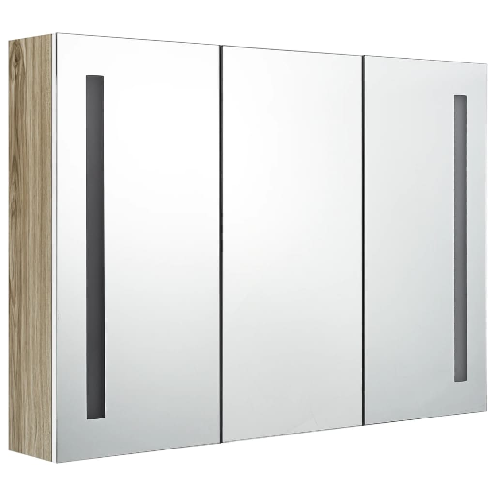 badeværelsesskab med spejl + LED-lys 89x14x62 cm hvid og egetræ
