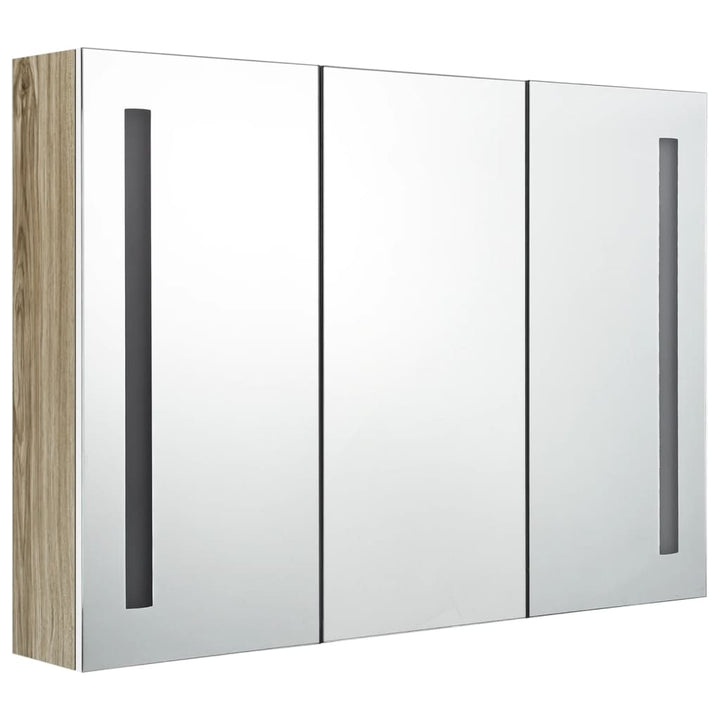 badeværelsesskab med spejl + LED-lys 89x14x62 cm hvid og egetræ